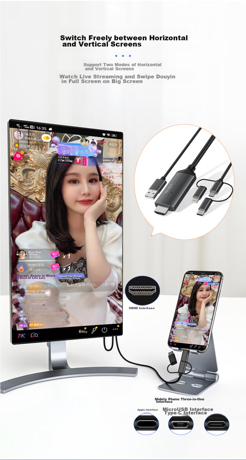 Jinghua Wired Screen Mirroring Adapter, Phone Screen Mirroring Cable, Three-In Screen Mirroring, Apple Lightning, Android Type-C to HDMI, High-Definition Conversion, Phone to TV And Monitor Connection, Z505G 3