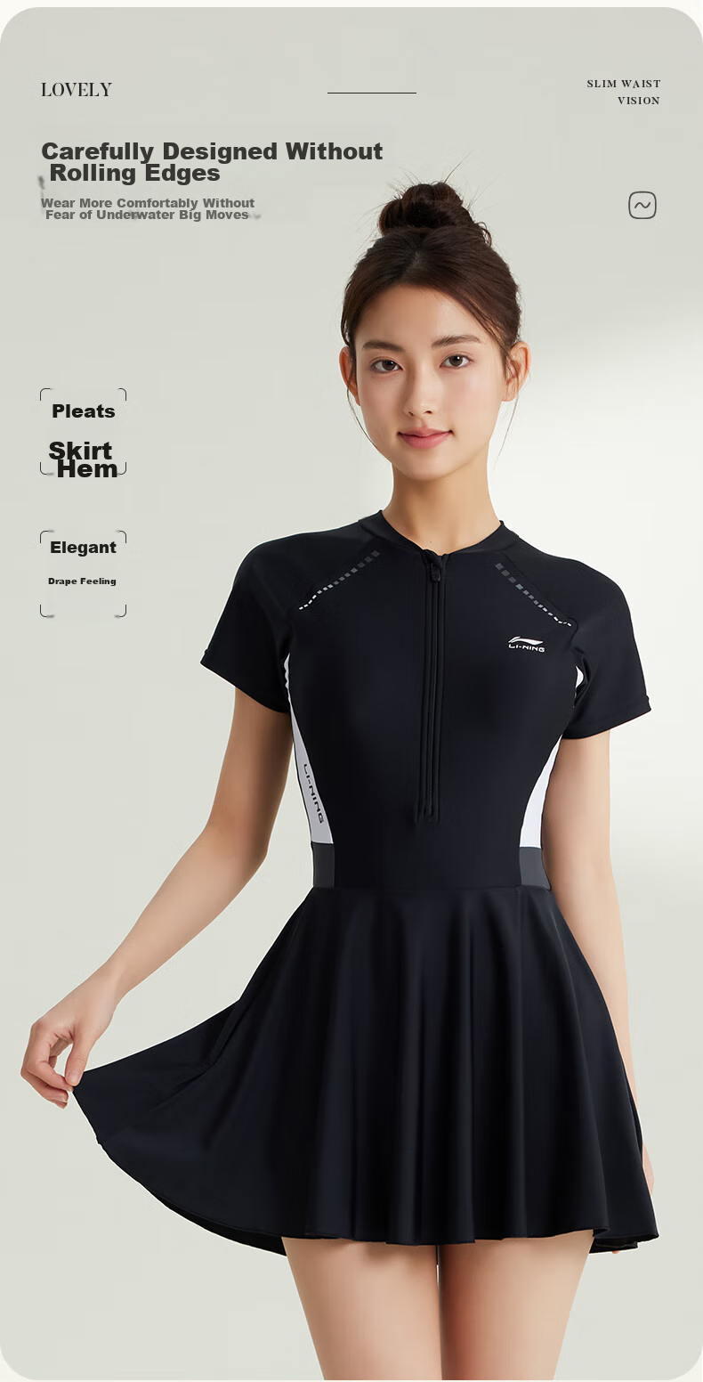 Li-Ning One-Piece Swimsuit for Women, Dress-Style Swimwear, Tummy Control, Slimming, Chlorine-Resistant, Quick-Drying, Water Play, Vacation Swimwear, 546 Black, Size M 8