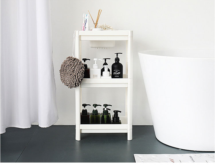 Youjialiangpin Bathroom Storage Rack, Floor-Standing, No Drilling Required, Four-Tier with Hanging Basket, White Plastic Storage Shelf 1