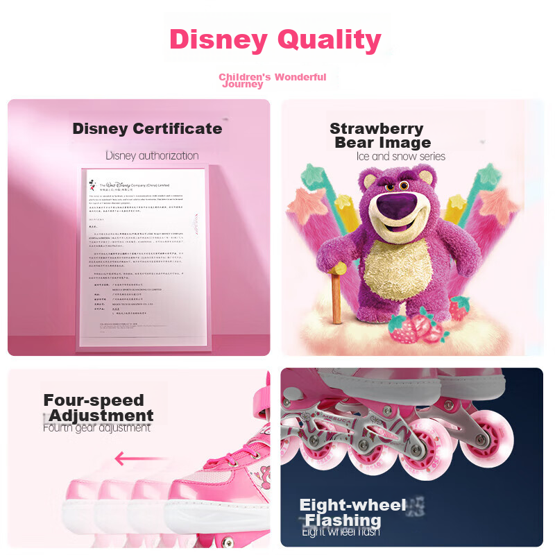 Disney Strawberry Bear Roller Skates for Children, Girls' Inline Skates, Professional Adjustable Roller Skates, Birthday Gift