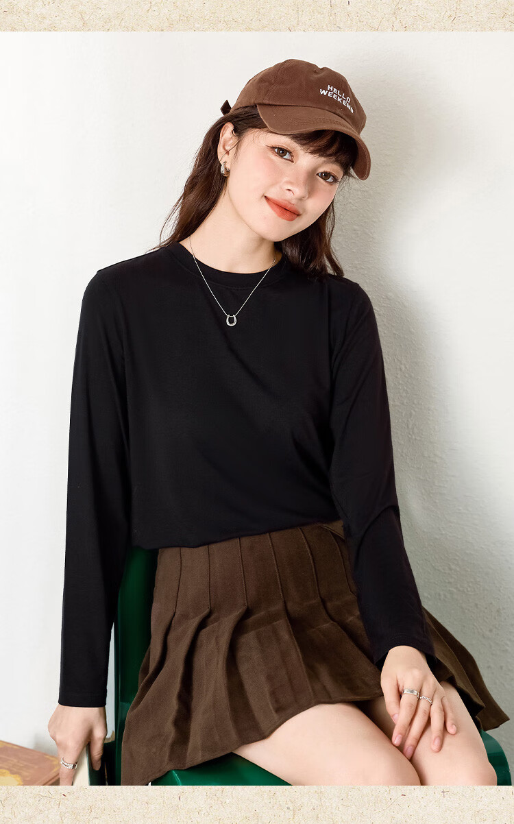 Woodpecker Women's Long Sleeve T-Shirt, Basic Spring and Autumn Loose Fit Pure Cotton Slim Fit Crew Neck Top, Black, Size S 10