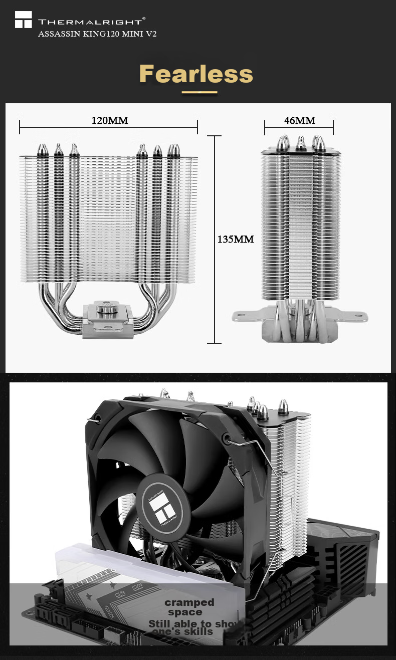 Thermalright Assassin King 120 MINI V2 CPU Air Cooler, Height 135mm, AGHP4 Generation 5 Heat Pipes, Copper Base, Nickel-Plated, AK120 MINI V2 12