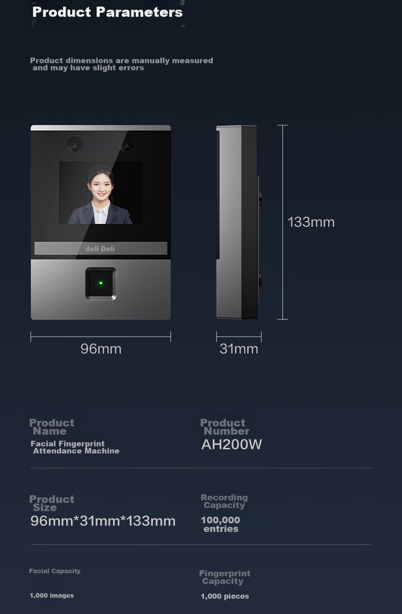 Deli Attendance Machine, Time Clock, Fingerprint And Facial Recognition All-In Device, Visible Light Dynamic Face Recognition, Liveness Detection, Bluetooth Connection, WeChat Mini Program Management AH200W 18