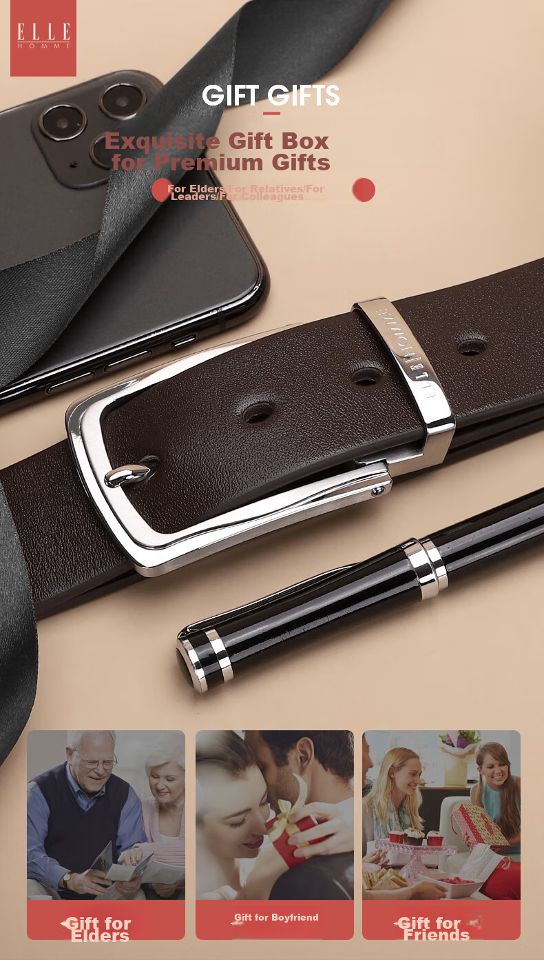 ELLE HOMME Business Men's Leather Belt, Single-Layer Cowhide Pin Buckle Waistband, 304 Stainless Steel Buckle Head, Birthday Gift for Me 1