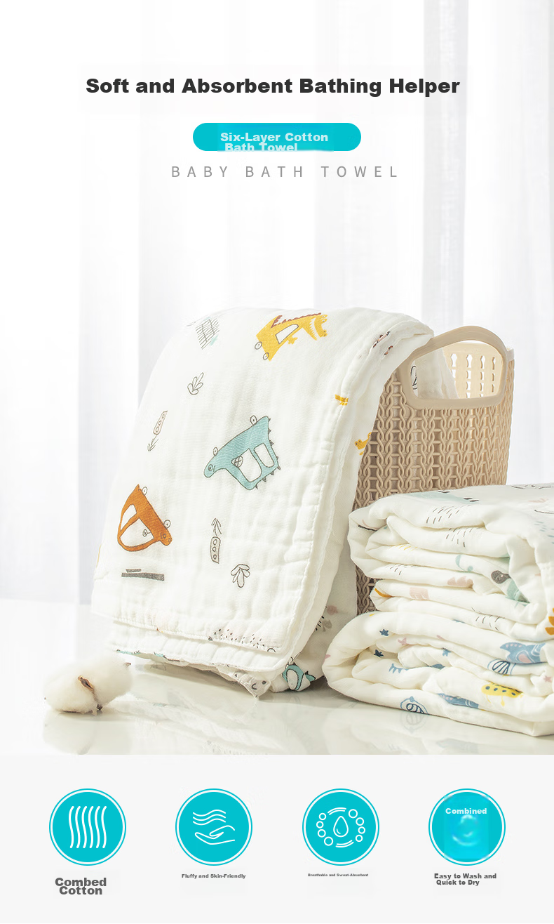 Shiyuejiejing Baby Bath Towel Gift Set, 5-Piece Set, Pure Cotton Breathable Gauze Bath Towel, Baby Bath Cover, 1 Bath Towel + 4 Square Towels 18