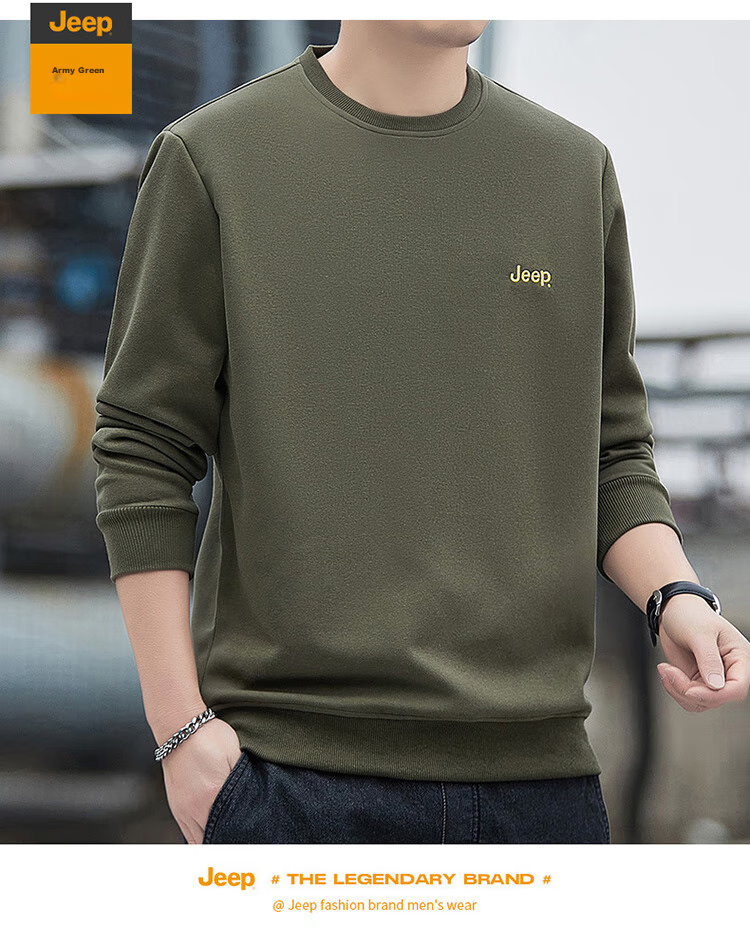 JEEP Men's Sweatshirt, Loose-Fitting Long-Sleeve T-Shirt, Round Neck Trendy Clothing for Men, Army Green, XL 16
