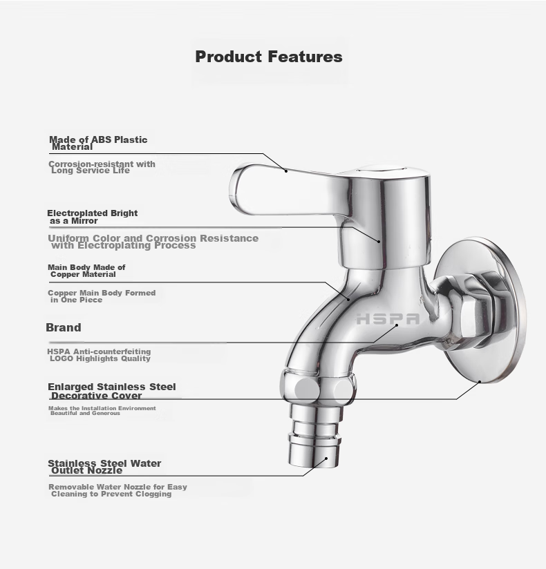 HSPA Washing Machine Faucet, One Inlet Two Outlets, Copper Material Double-Head Faucet, Single Cold Quick-Open 4-Point Spout, Universal 5112 16