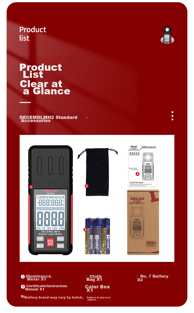 DELIXI ELECTRIC Illuminance Meter, Light Intensity Meter, High-Precision Digital Brightness Meter, Light Meter, Illuminance Meter 25
