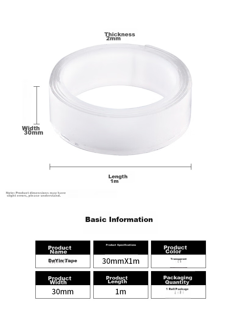 Befon Nano Double-Sided Tape, Invisible Adhesive, Removable Strong Double-Sided Tape, Transparent Tape, 30mm*2mm*3m, 1 Roll 2