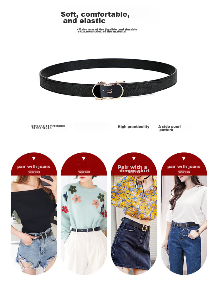 CROCODILE Top-Grain Leather Women's Belt with Automatic Buckle, Fashionable Business Style Waistband for Men's Trousers, Birthday Gift for Women 3609 5