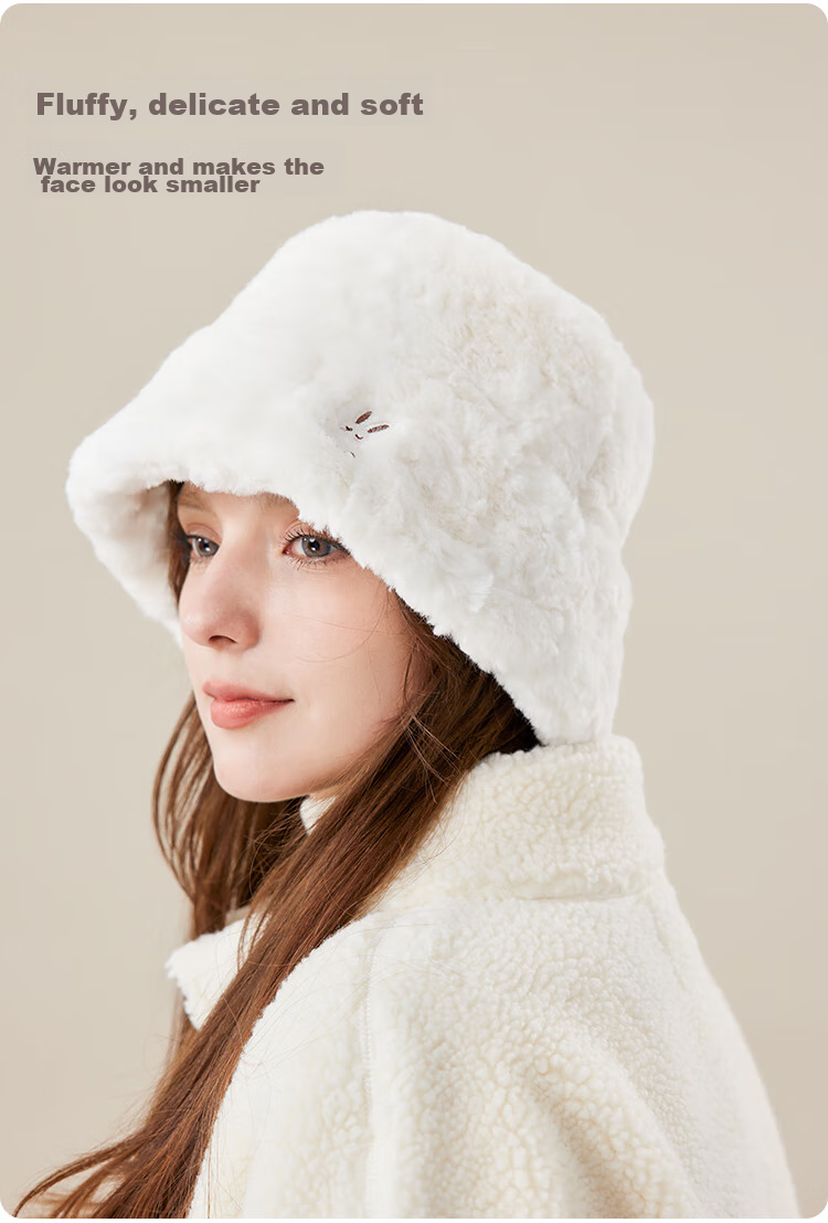 JIUMU Faux Rabbit Fur Warm Fisherman Hat, Autumn And Winter Face-Slimming Bucket Hat, Versatile Bucket Cap, Winter Hat, Windproof And Cold-Resistant Hat for Wome 4