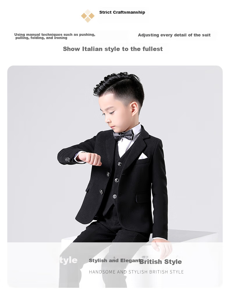 Luomeng Children's Suit Set for Boys, Flower Boy Formal Wear, Autumn Wool Suit for Piano Performance, Black Wool 5-Piece Set, Size 160 15