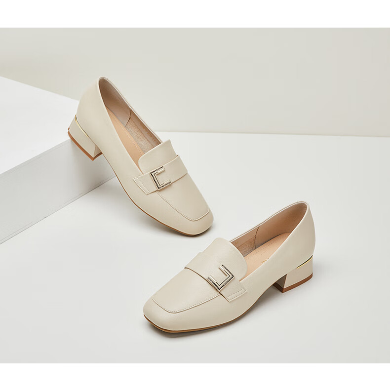 DAPHNE Women's Single Shoes, Retro Square Toe with Buckle Loafers, Chunky Heel Slimming Slip-On Commuter Shoes 4623101007 Beige 39 14