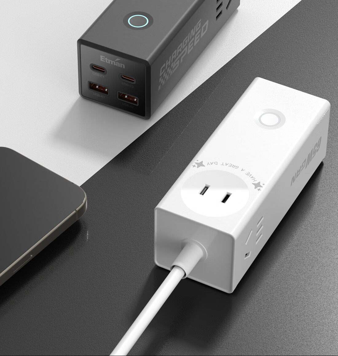 Etman Gallium Nitride 65W Charger Fast Charging Travel Portable Power Strip Socket/Travel Power Strip/Type-C Power Board/Business Trip Power Cord/Desk Charging Station/USB Extension Cord 24