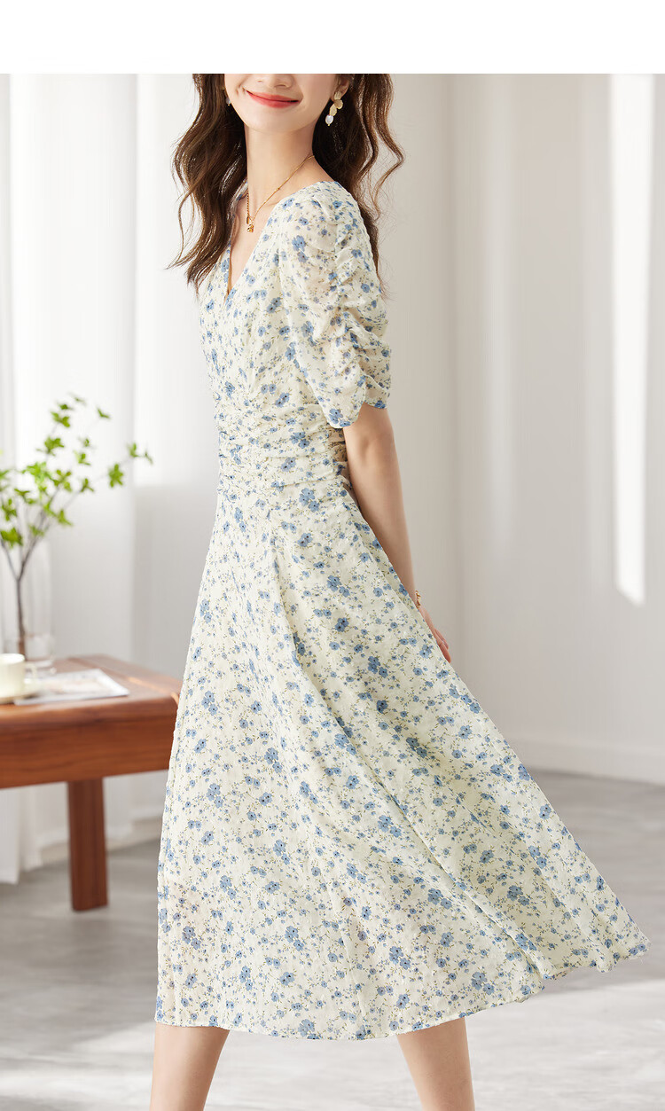 Sentubila Summer French Floral Print Dress, Puff Sleeve Tea Break Dress, Elegant Goddess Style Skirt, Apricot Base with Blue Flowers, M Size 11