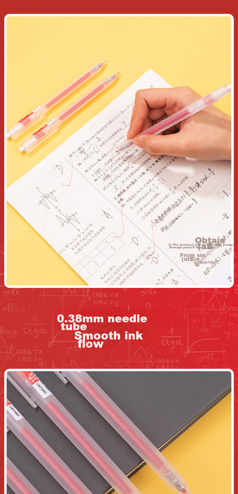 Deli Retractable Gel Pen, Transparent Simple Full Needle Tube, 0.38mm Red Signing Writing Pen, Student Carbon Ink Pen, Push-Button Exam Writing Pen, Red, 12 Pcs/box, A115 2
