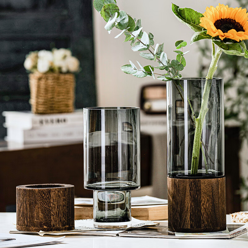 Mudingding Wooden Glass Art Vase, Nordic Light Luxury Minimalist Style, High-End Wooden Base, Water Planting Vase, Gift