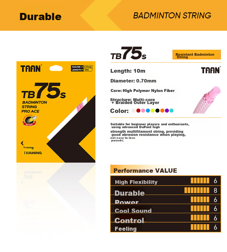 Taan Badminton Racket String, for Competition Training, Durable High-Elasticity Speed Type TB75S, Orange Color, 3-Pack 6
