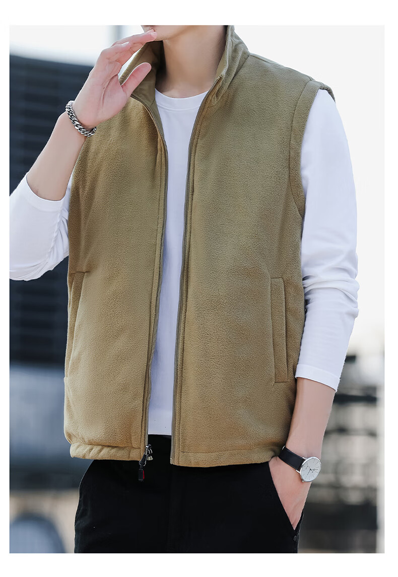 JEEP SPIRIT Fleece-Lined Casual Vest for Men, Spring And Autumn Wear, Two-Way Vest, Workwear Jacket, Khaki, 2XL 10
