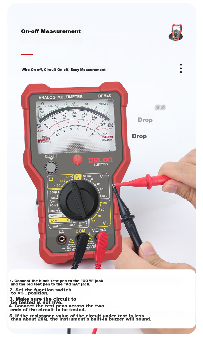 DELIXI ELECTRIC Analog Multimeter, High-Precision, Intelligent Burn Protection, for Home And Electrical Use, Continuity Test, DEM45 9
