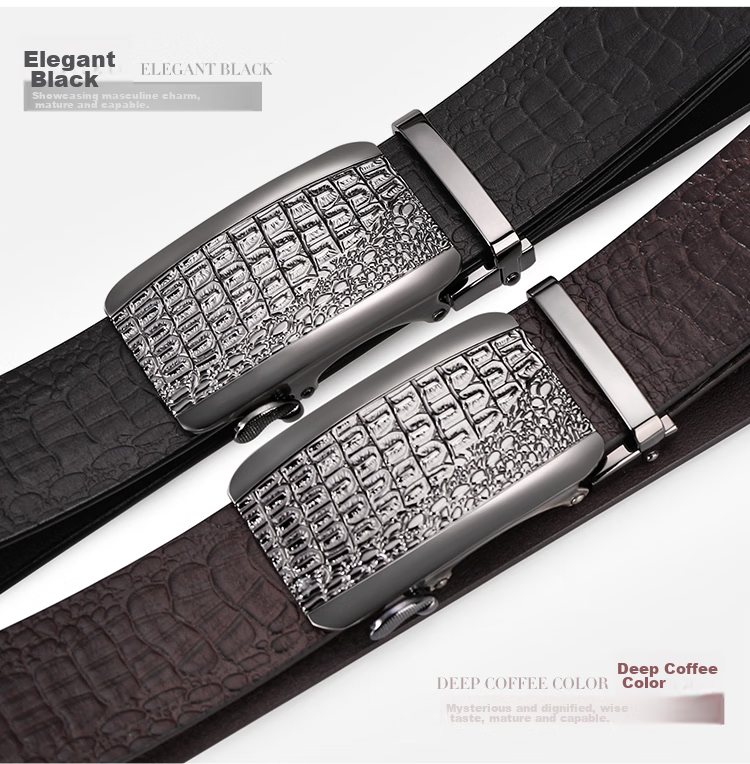 Cattlesboss Men's Leather Belt with Automatic Buckle, Alligator Pattern Business Belt 7075 Gift Elegant Black 110cm 3