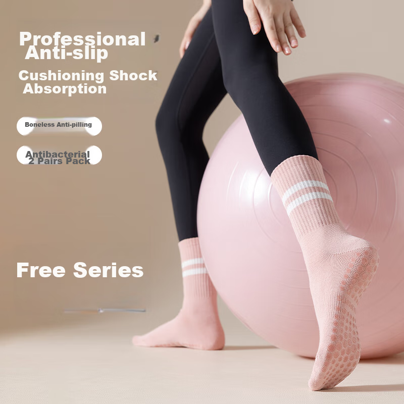 Ziyouxi Yoga Socks for Women, 2 Pairs, Mid-Length, Professional Pilates Sports Fitness Socks, Non-Slip Shock-Absorbing Seamless Socks, Spring And Summer