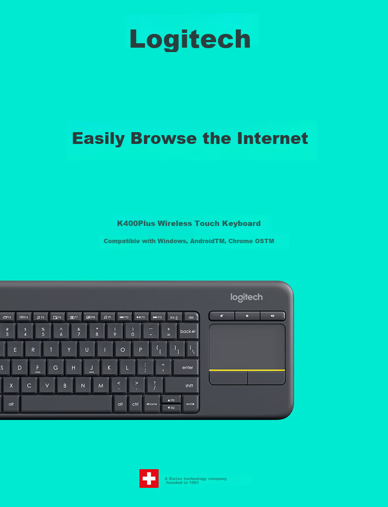 Logitech K400Plus Wireless Keyboard with Touch Control for Android Smart TV, Computer, Laptop Office Use with 2.4G Wireless Receiver, Black [Order Bonus] 1