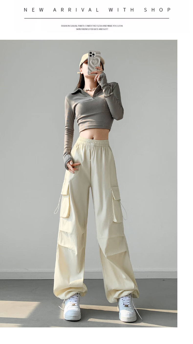 LangSha American-Style Parachute Cargo Pants for Women, Summer Ice Silk High-Waist Wide-Leg Loose Casual Quick-Dry Outdoor Sports Pants for Wome 45