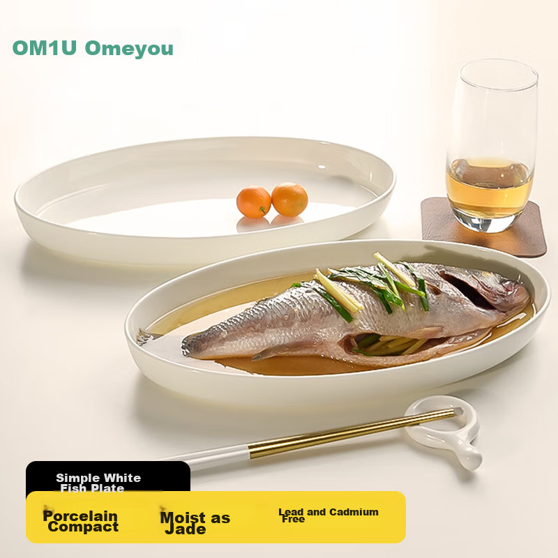 AOmeiyou Bone China Fish Plate, Deep Oval-Shaped Dish for Home Use, Heat-Resistant, Microwave-Safe, Ceramic Steaming Fish Plate, Straight Edge, 12 Inches