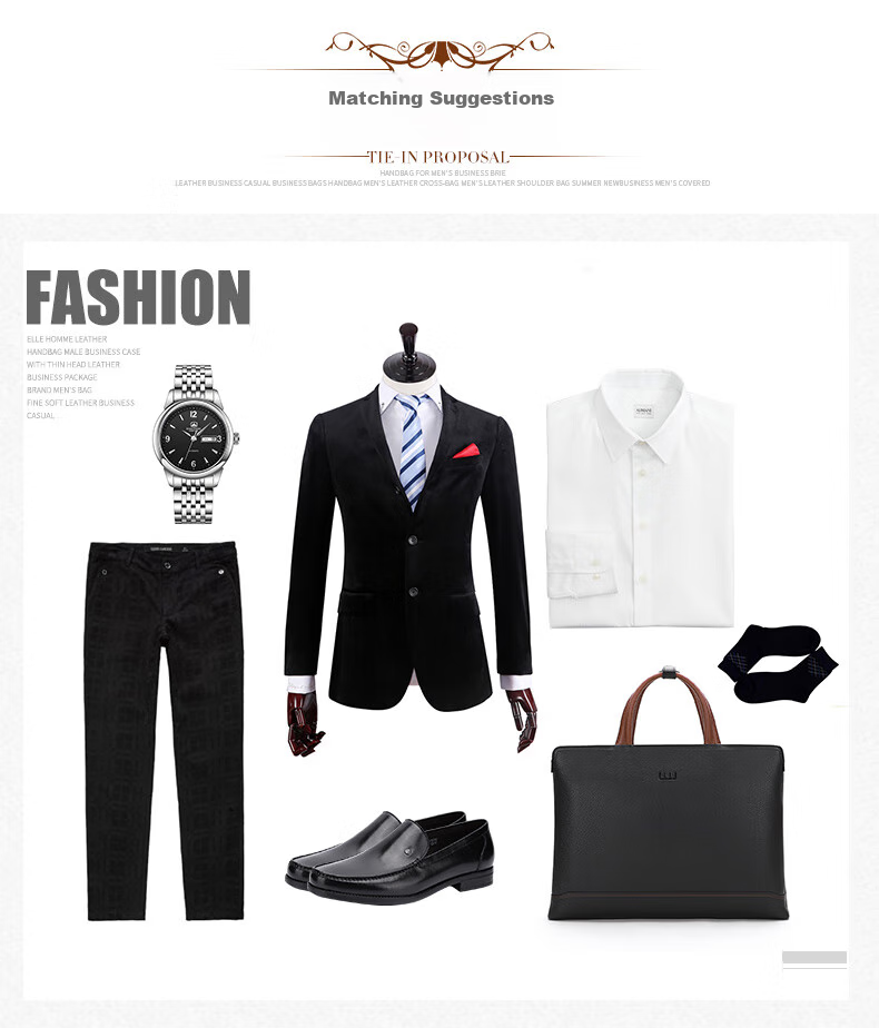 ELLE HOMME Men's Business Briefcase, Fashionable Genuine Leather Handbag, Horizontal Trendy Simple Cowhide Men's Bag, 12510 Black 15