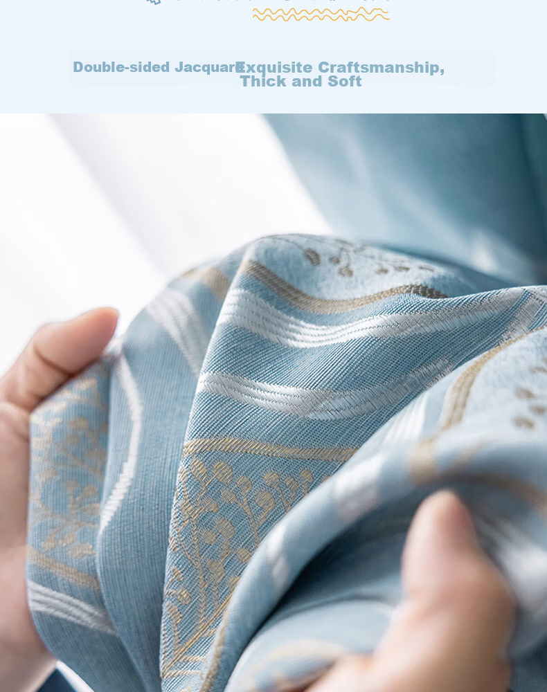 Ali Living Room Bedroom Blackout Curtains, Bamboo Cotton Jacquard Blue Hook Style, 2.0m Wide * 2.2m High Single Panel 7