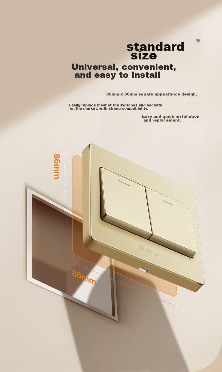 BULL Wall Switch G07 Series, Two-Gang Single-Control Switch, 86-Type Panel G07K211C(U6), Champagne Gold 2