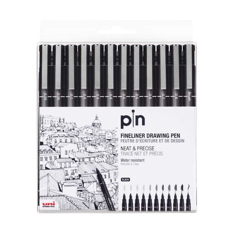 Uni Mitsubishi Water-Based Drawing Needle Pen, PIN-200 Art Comic Design Outlining Pen, Black, 12-Piece Set