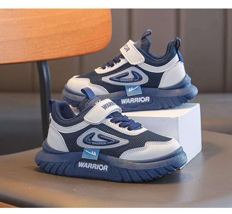 Warrior Children's Shoes, Boys' Spring And Autumn Style, Mesh Breathable Soft-Soled Kids' Sneakers WZ(CL)-0926, Navy Blue/beige, Size 35 5