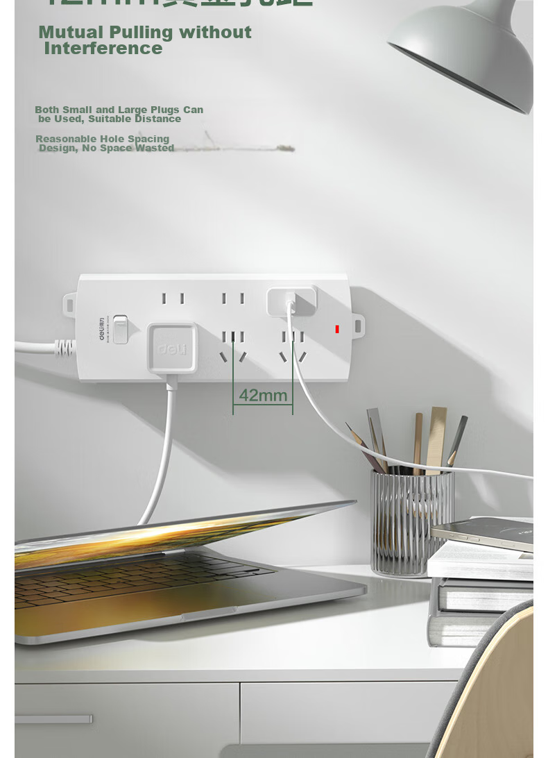 Deli 3C Certified National Standard Power Strip, Extension Cord/Power Bar/Surge Protector, Overcurrent Protection, 3996S, 8 Outlets with Master Switch, Total Length 1.8 Meters 9