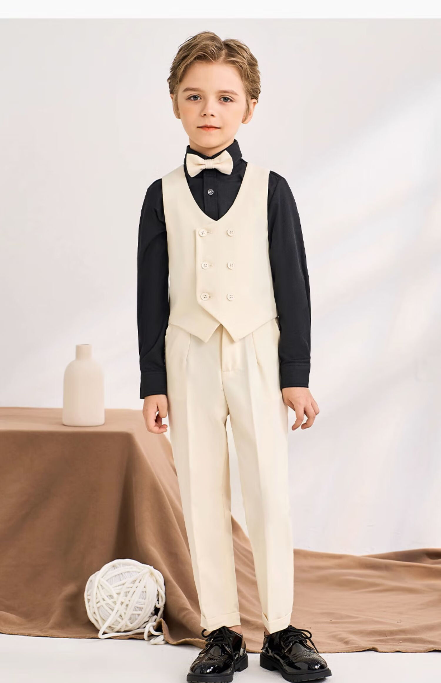 Luomeng Boys' Suit Set, Baby's First Birthday Formal Wear, Children's Wedding Flower Boy Outfit, Beige Vest Set, Size 80 14
