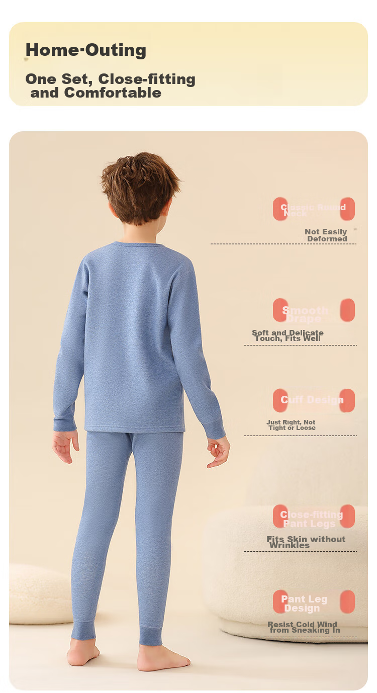 LangSha [Thickened School Uniform Essential] Children's Thermal Underwear, Boys' Three-Layer Padded Autumn Top And Pants, Pajama Set 12