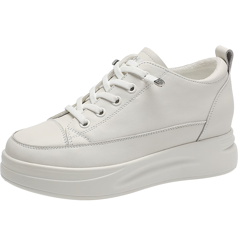 ZHR First Layer Cowhide Women's White Sneakers Thick Sole Height Increasing Winter Fleece Warm Versatile Shoes KS59A White 37