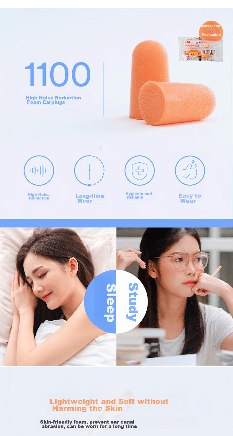 3M Earplugs for Sleeping, Soundproofing, Noise Reduction, Anti-Noise, for Factory Workshops, Specialized Noise Reduction 37db, 1100 Foam Elastic Wireless Earplugs, 10 Pairs Individually Packaged 3