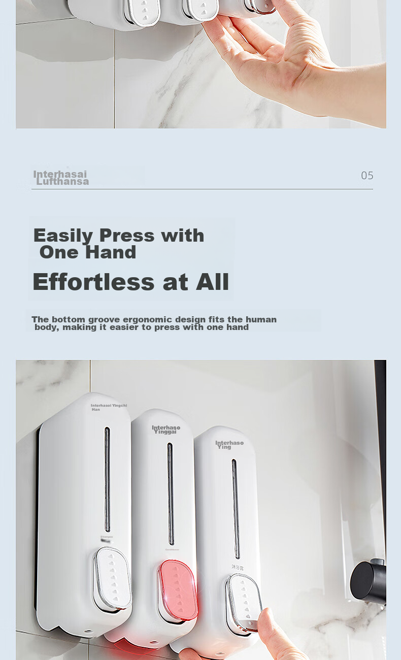 Interhasa! Three-Head Soap Dispenser Wall-Mounted Hand Soap Holder, Hotel Shower Gel Dispenser, Refill Bottle Pump F7020 6
