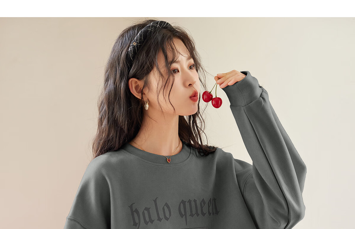 Halo Queen Women's Sweatshirt, Suede Fleece, Spring And Autumn Round Neck, Letter Print Pullover, Loose Fit Versatile Sweatshirt, New Product H143W1022 32