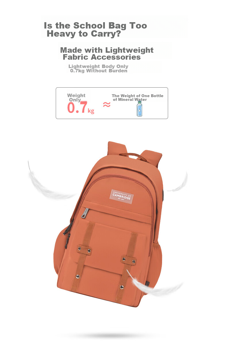 UNIVERSITY OF CAMBRIDGE Backpack for Female Middle School Students, Large Capacity Lightweight Double Shoulder Bag, Reduced-Load Backpack, Fashionable Trend CA428 Brown-Red 2