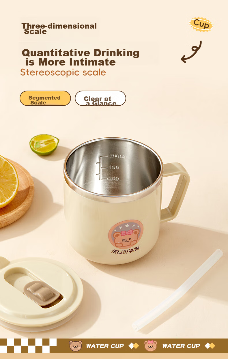 WORTHBUY 316 Stainless Steel Children's Milk Cup, Baby Drinking Cup, Double-Layer Anti-Scalding with Scale And Straw Cup, Bear Desig 6