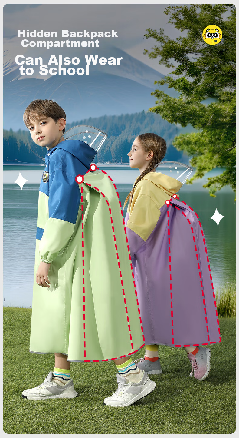 Moremerry Children's Raincoat for Boys And Girls with Backpack Space, Waterproof And Breathable, Stylish Rain Poncho for School, Apple Green, 2XL 17