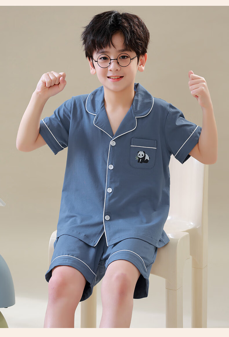 Hengyuanxiang Children's Pajamas, Boys' Pure Cotton Summer Thin Short-Sleeve Loungewear, Cardigan Sleepwear And Pajama Pants Set 10