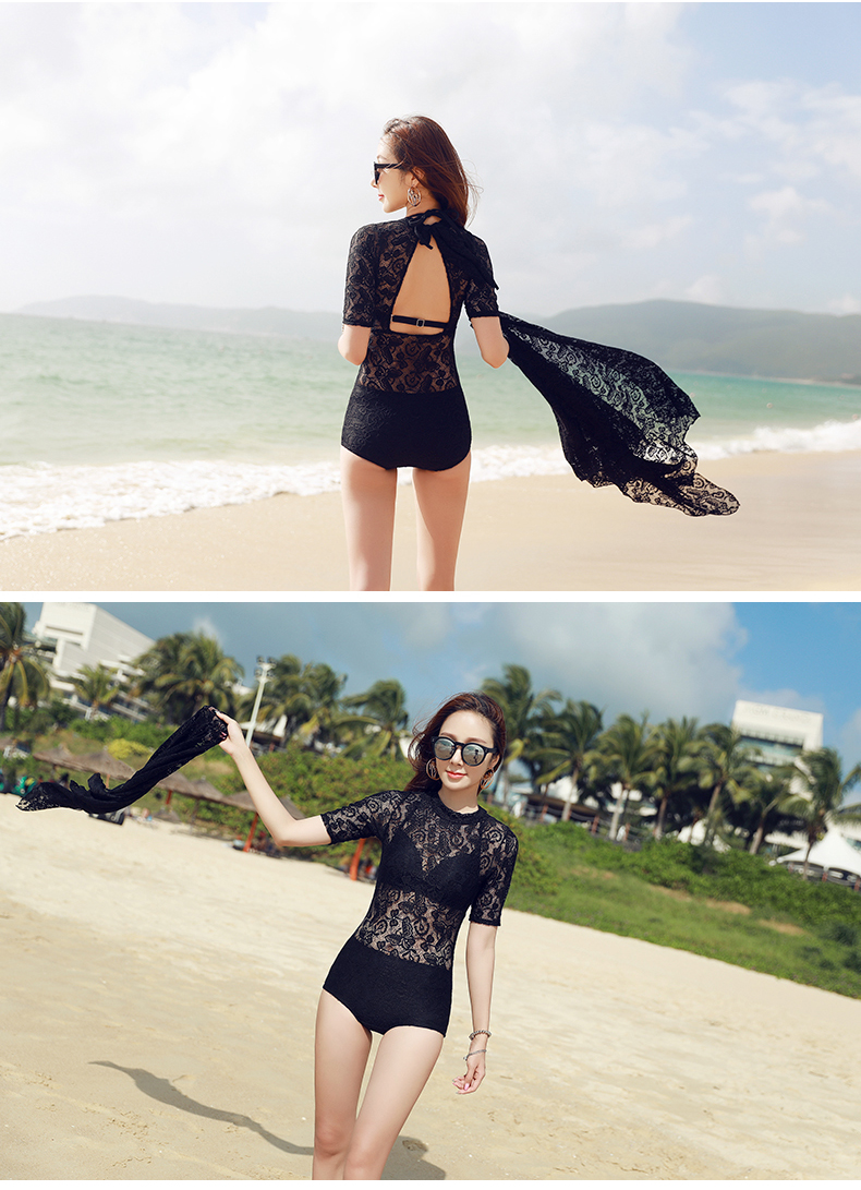DK Women's One-Piece Swimsuit Set, Three Pieces, Hot Spring Conservative Lace Tummy Control Slimming Steel Support Push-Up Bra, Black, L 12