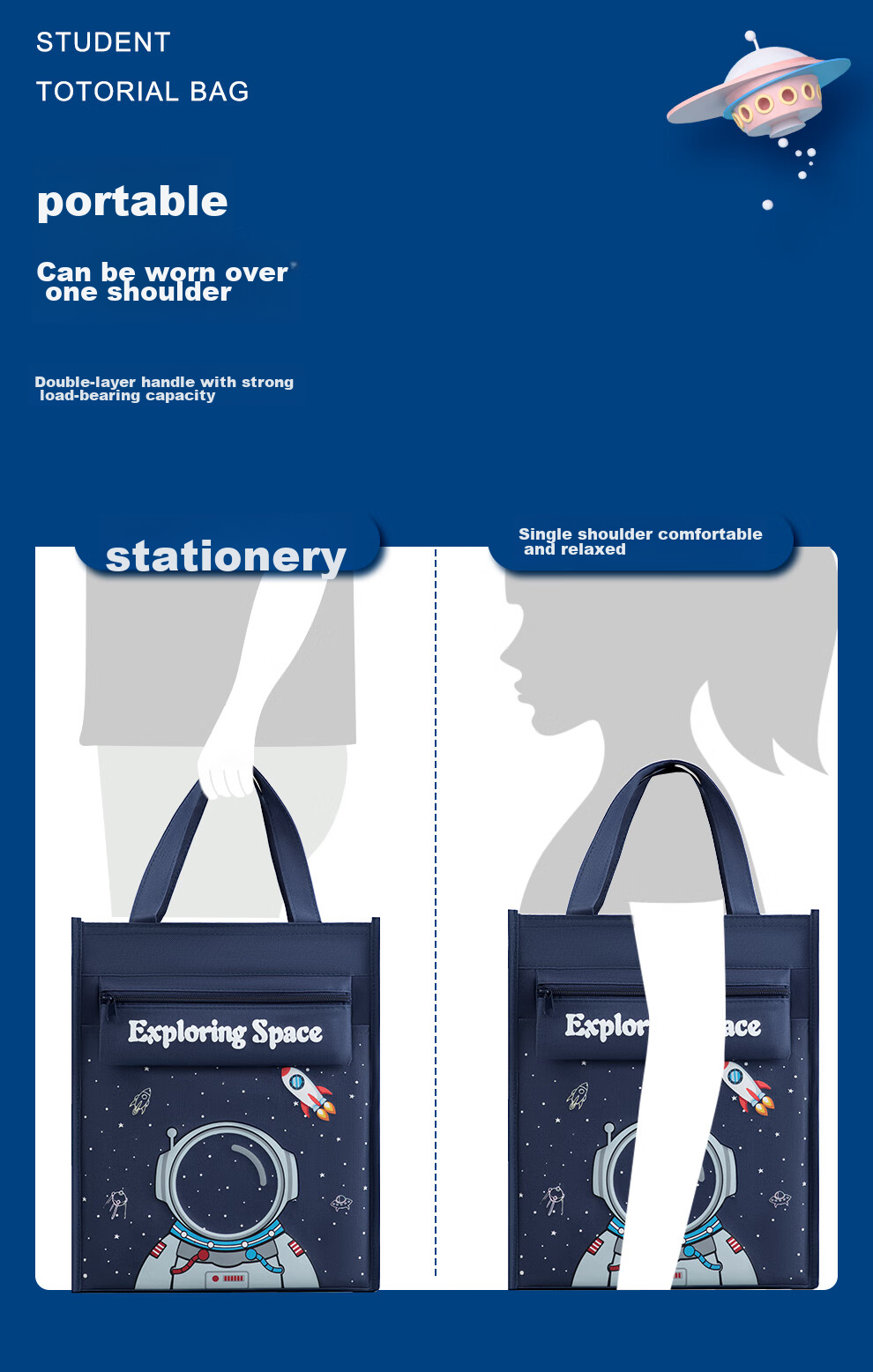 [Lowest Price Online] Faramon (Faramon) Student Handheld Tutoring Bag, Book Bag, Canvas Schoolbag, Canvas Study Bag for Tutoring Materials And Exam Papers Storage, Homework Zipper Handbag, Astronaut Desig 10