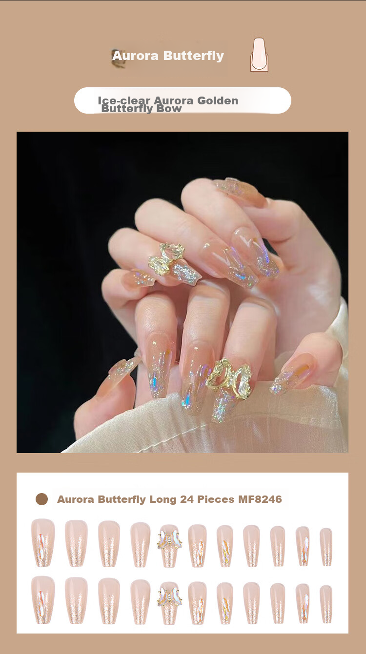 Meifuyu Nail Stickers (Crystal Butterfly), Long Fake Nails, Jelly Gel Removable, with Tools, MF8247 8