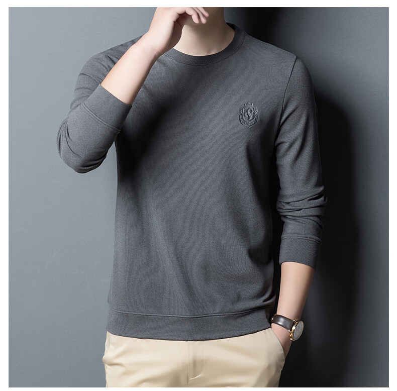 ROMON Men's Spring and Autumn Business Crew Neck Long Sleeve T-Shirt Quality Casual Base Shirt Jacket Men's 113 Green M 15