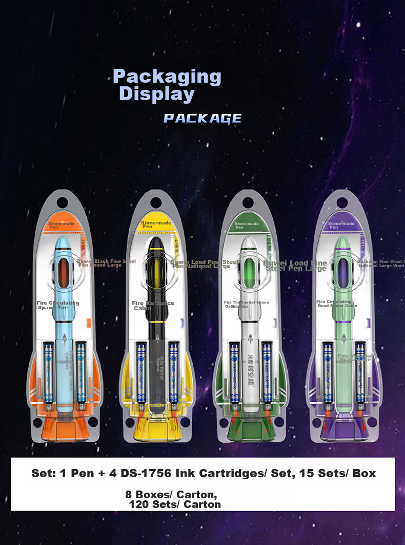 Dianshi Rocket Space Capsule Fountain Pen, Non-Splash F Nib, Third Grade Student Handwriting Practice Calligraphy Fountain Pen, Non-Heat Erasable, Back-To Season, Replaceable Ink Cartridge 7157 (Black Barrel), Magic Liquid Erasable Blue 14